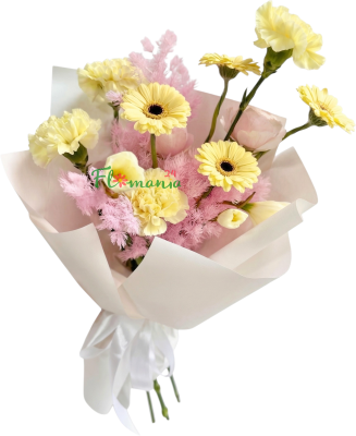 Букет из гербер, гвоздик и сухоцветов «Лимонная нежность»